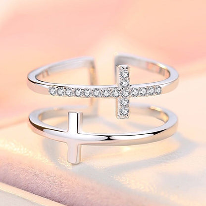 Cubic Zirconium Double Cross Miniature Copper Inlaid Ring