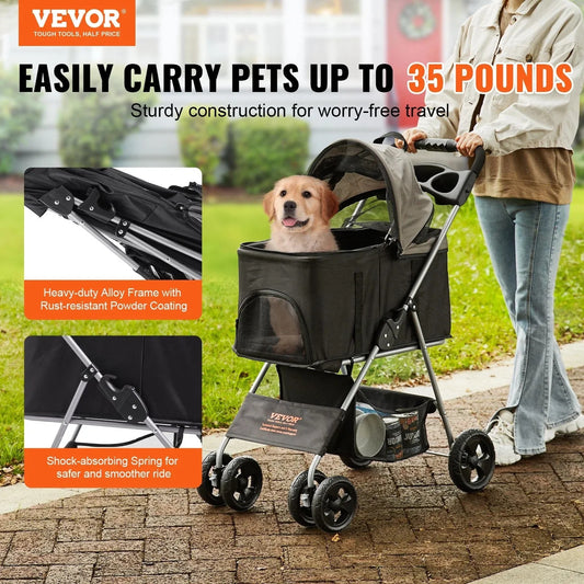 VEVOR Pet Stroller, A Four-wheeled Rotating Dog Stroller With A Brake, Has A Weight Capacity Of 35 Pounds. It Comes With A Detachable Tray, Storage Basket, And Cup Holder, Suitable For Travel With Dog